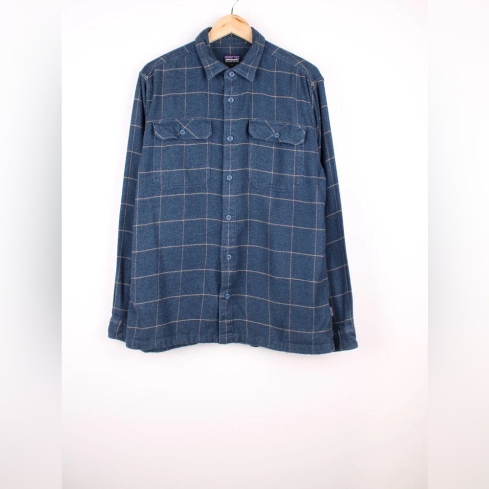 Patagonia Fjord Plaid Navy Flannel Shirt LS Midweight Organic Cotton Men's L‌